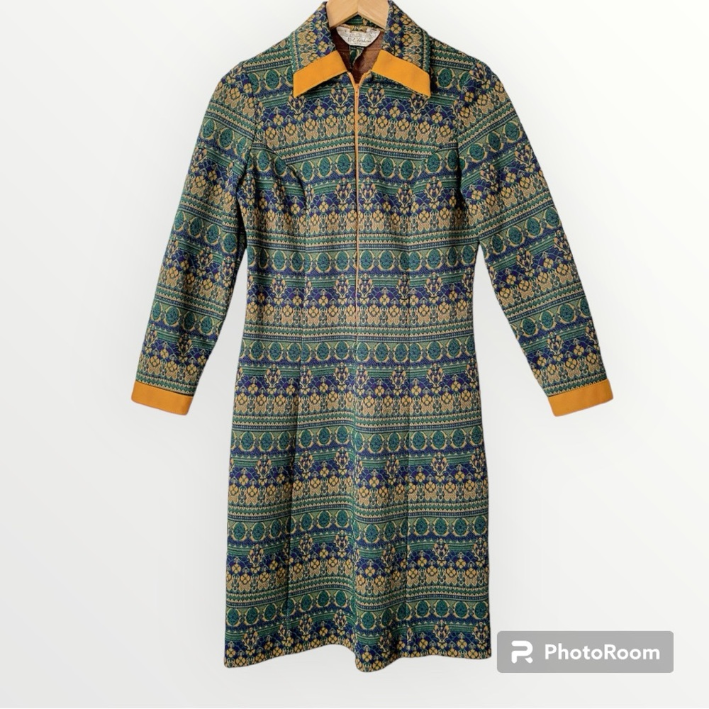 Vintage 60s 70s Mod Dress Tapestry Print Green Yellow Small Zip Front